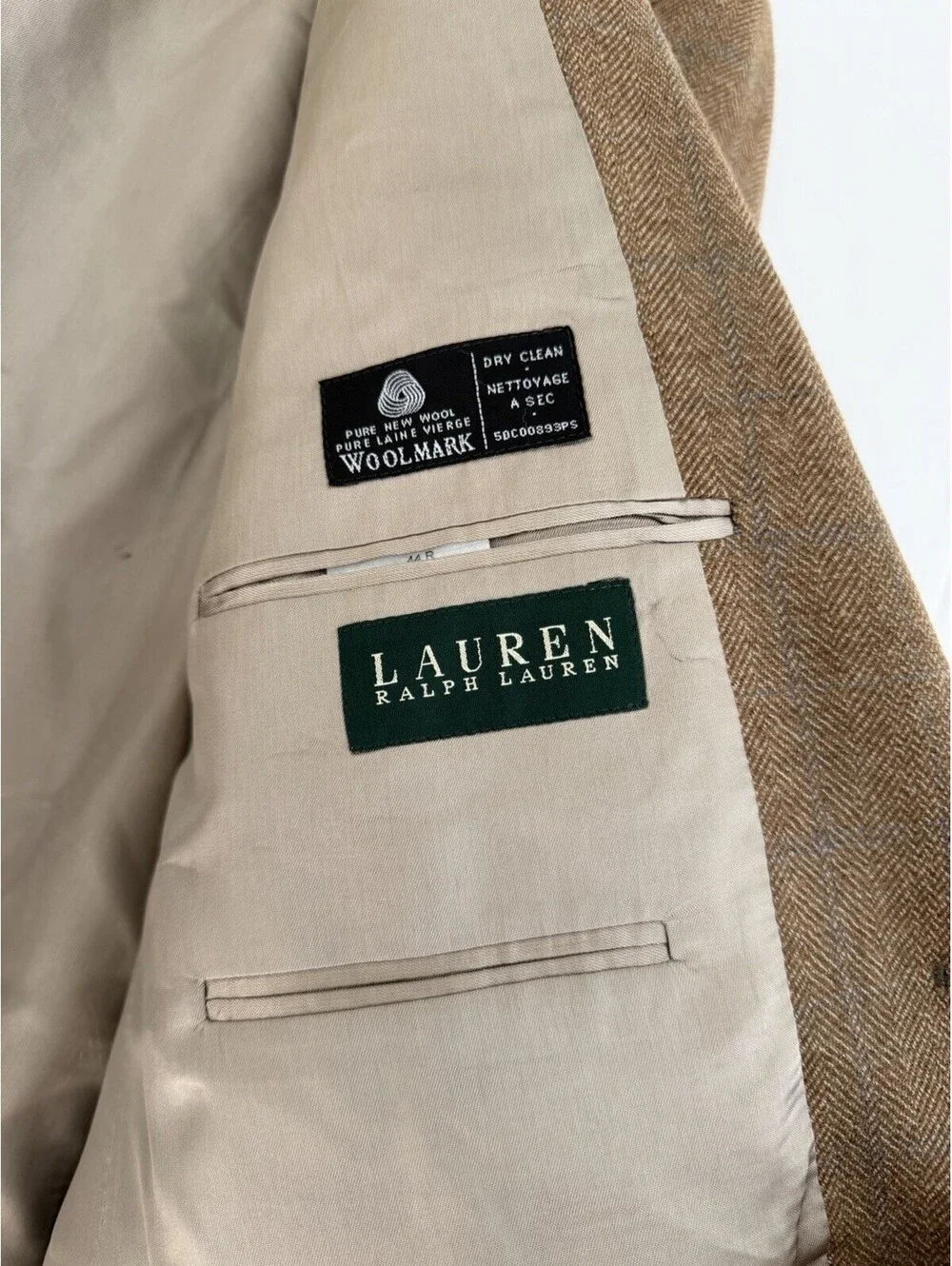 Lauren Ralph Lauren Herringbone 100% Wool Blazer Camel Tweed 44R Luxury Preppy